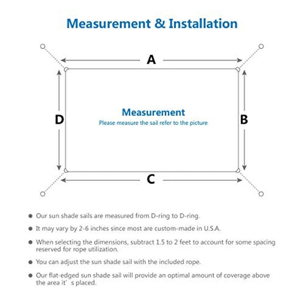 Rectangular shade sail measurement diagram with D-ring reference points and side dimensions