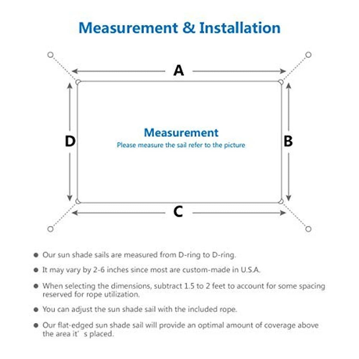 Rectangular shade sail measurement diagram with D-ring reference points and side dimensions