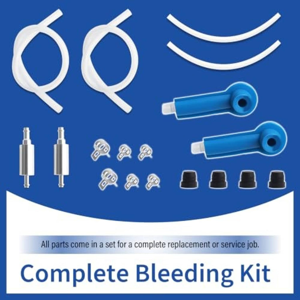 Complete brake bleeding kit set: clear hoses, blue adapters, metal valves, black dust caps