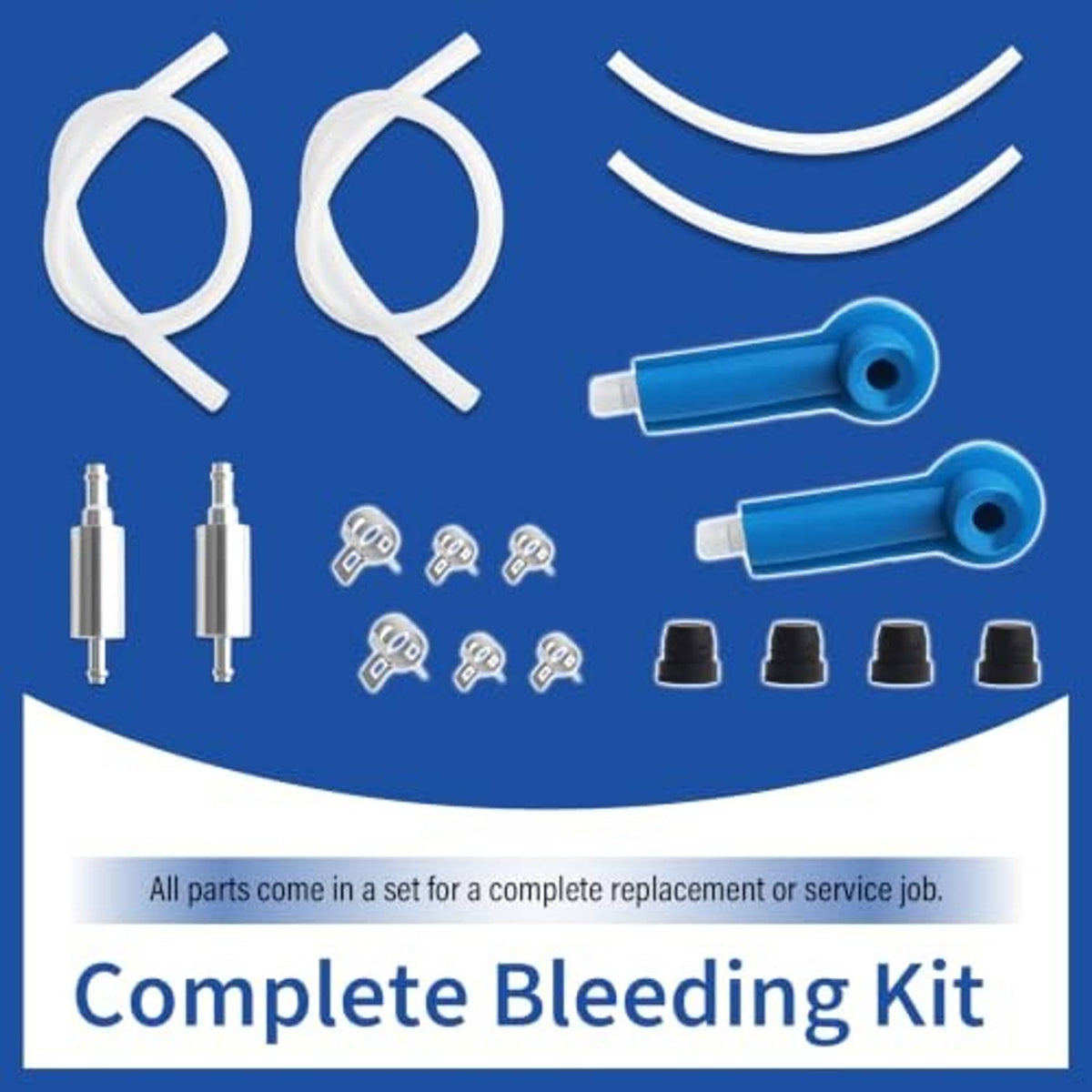 Complete brake bleeding kit set: clear hoses, blue adapters, metal valves, black dust caps