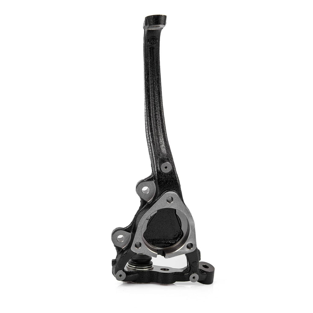 Steering knuckle with vertical black arm, ball joint mount, and circular hub