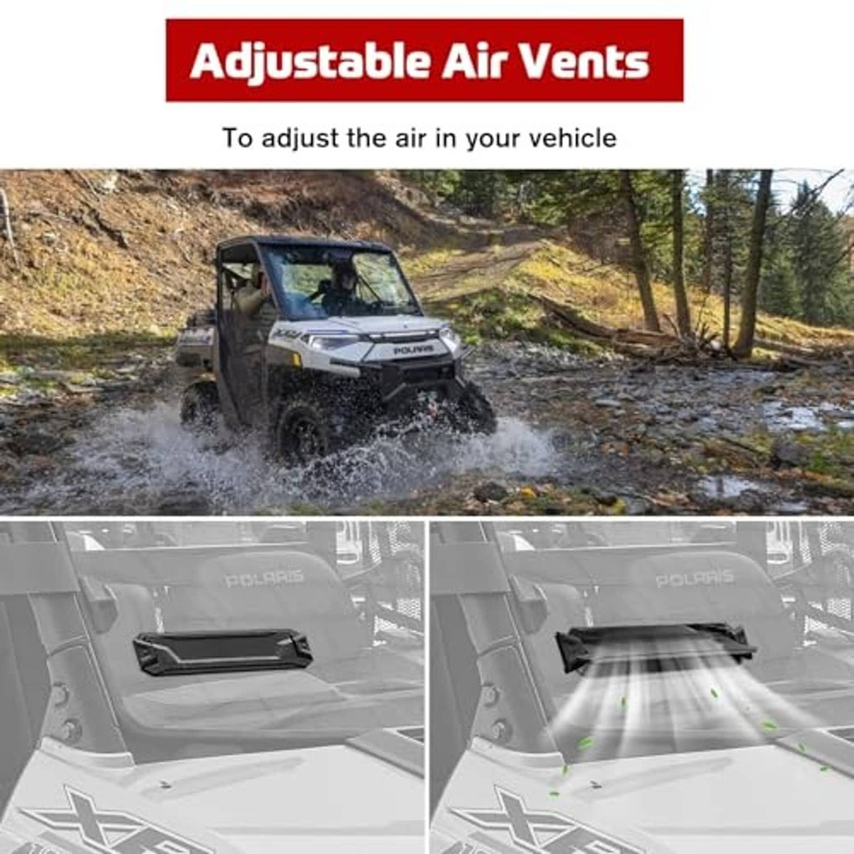 Front vented windshield with adjustable air vents for Polaris Ranger XP 1000