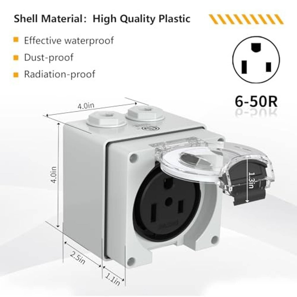 Gray NEMA 6-50R outlet box with circular receptacle and hinged dust cover