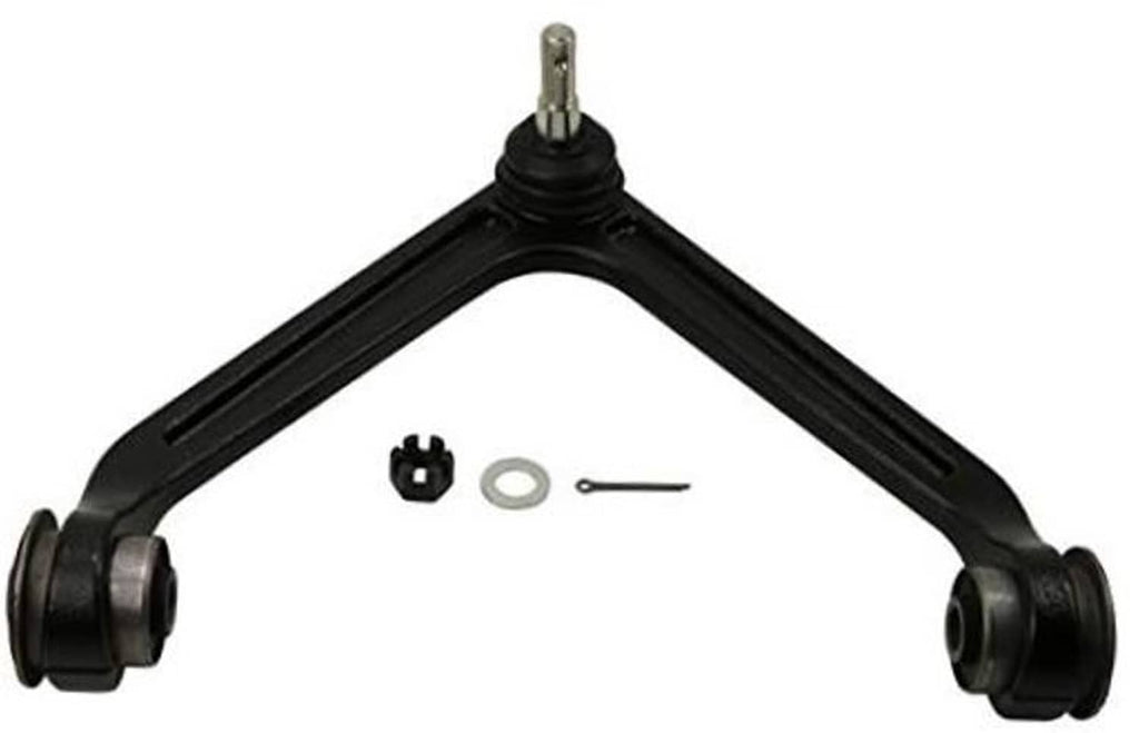 Front upper control arm with ball joint and rubber bushings, black metal assembly