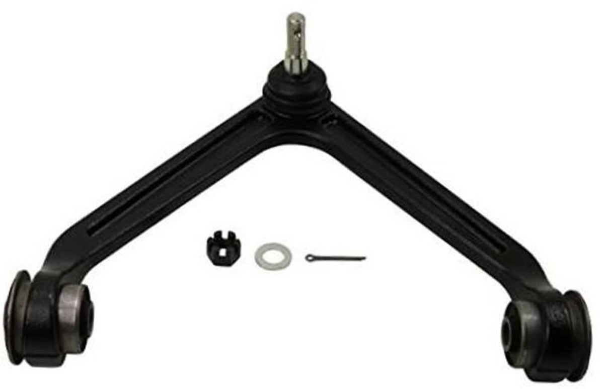Front upper control arm with ball joint and rubber bushings, black metal assembly