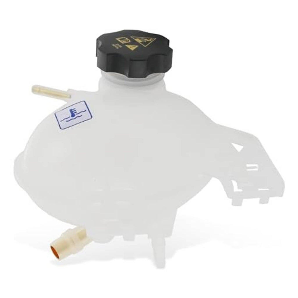 Coolant reservoir tank with black cap and front outlet tube