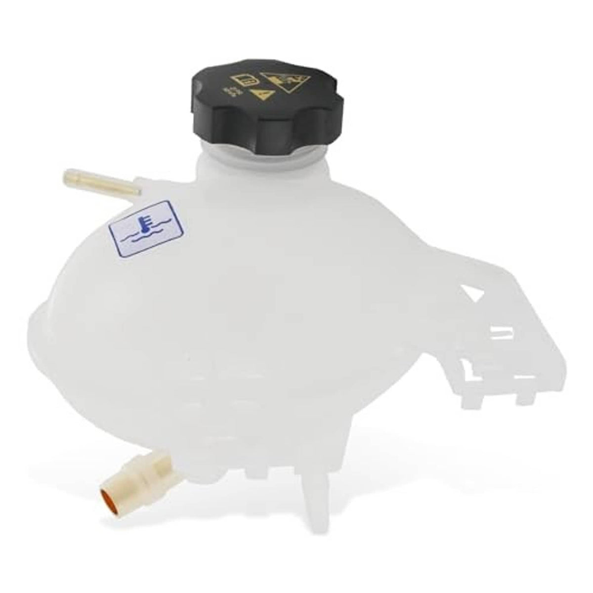 Coolant reservoir tank with black cap and front outlet tube