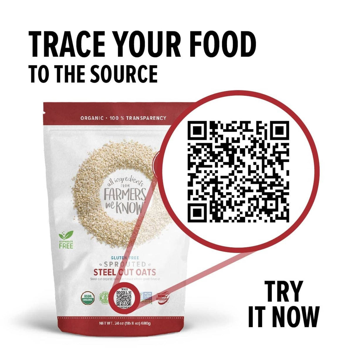 Sprouted steel cut oats pouch with QR code and “Trace Your Food to the Source”
