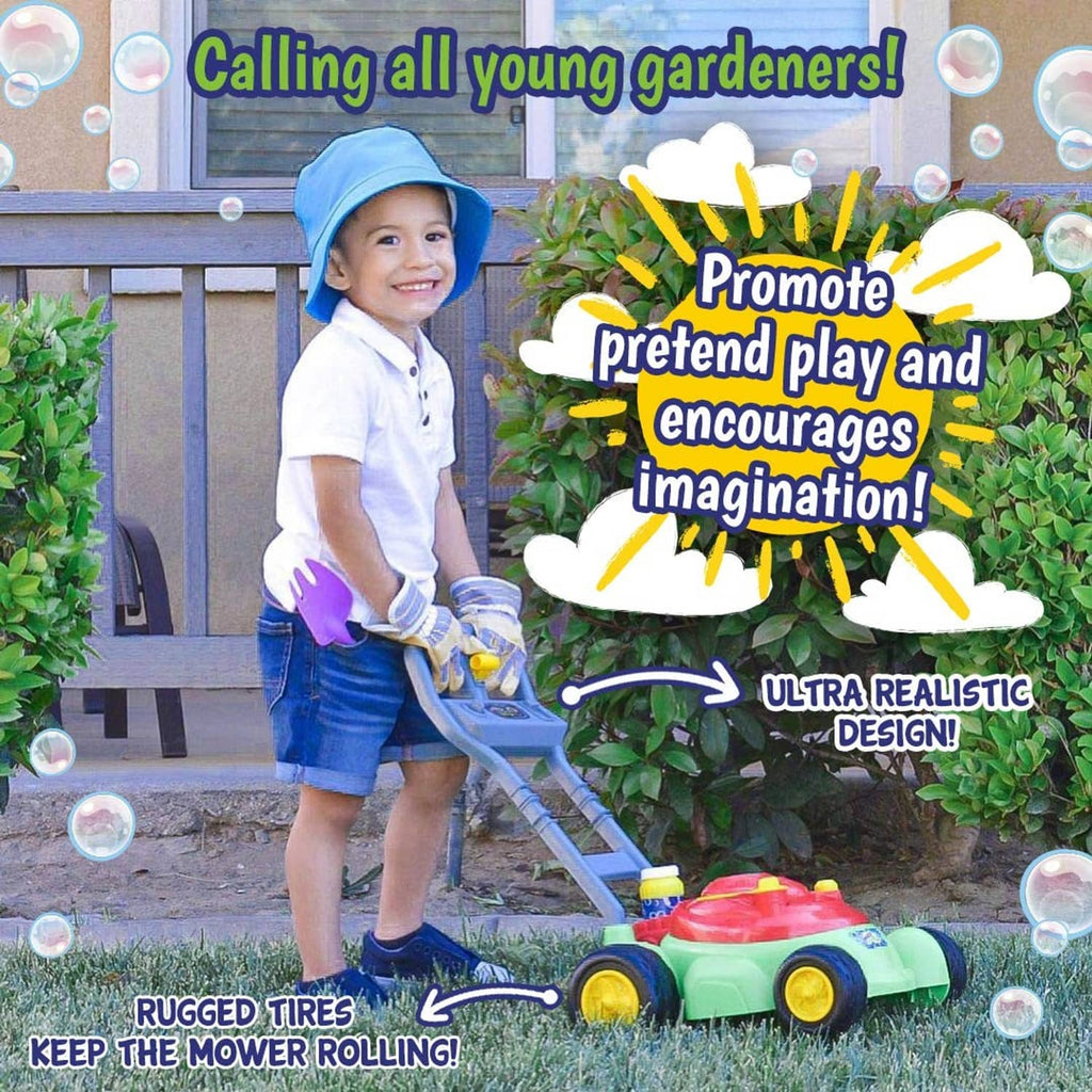 Bubble lawn mower toy with green body and red dome releasing bubbles