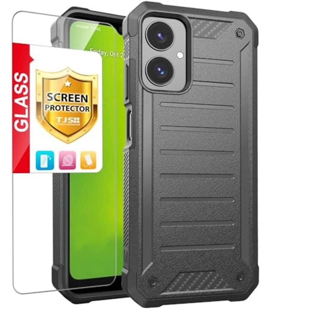Gray rugged phone case with dual camera cutouts, textured back, and clear screen protector