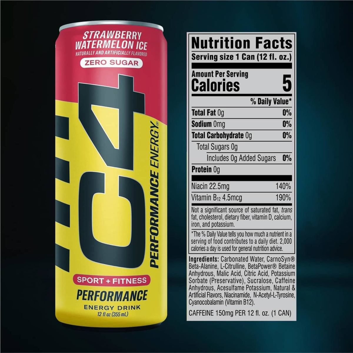 C4 Performance energy drink can with Nutrition Facts - Strawberry Watermelon Ice, zero sugar