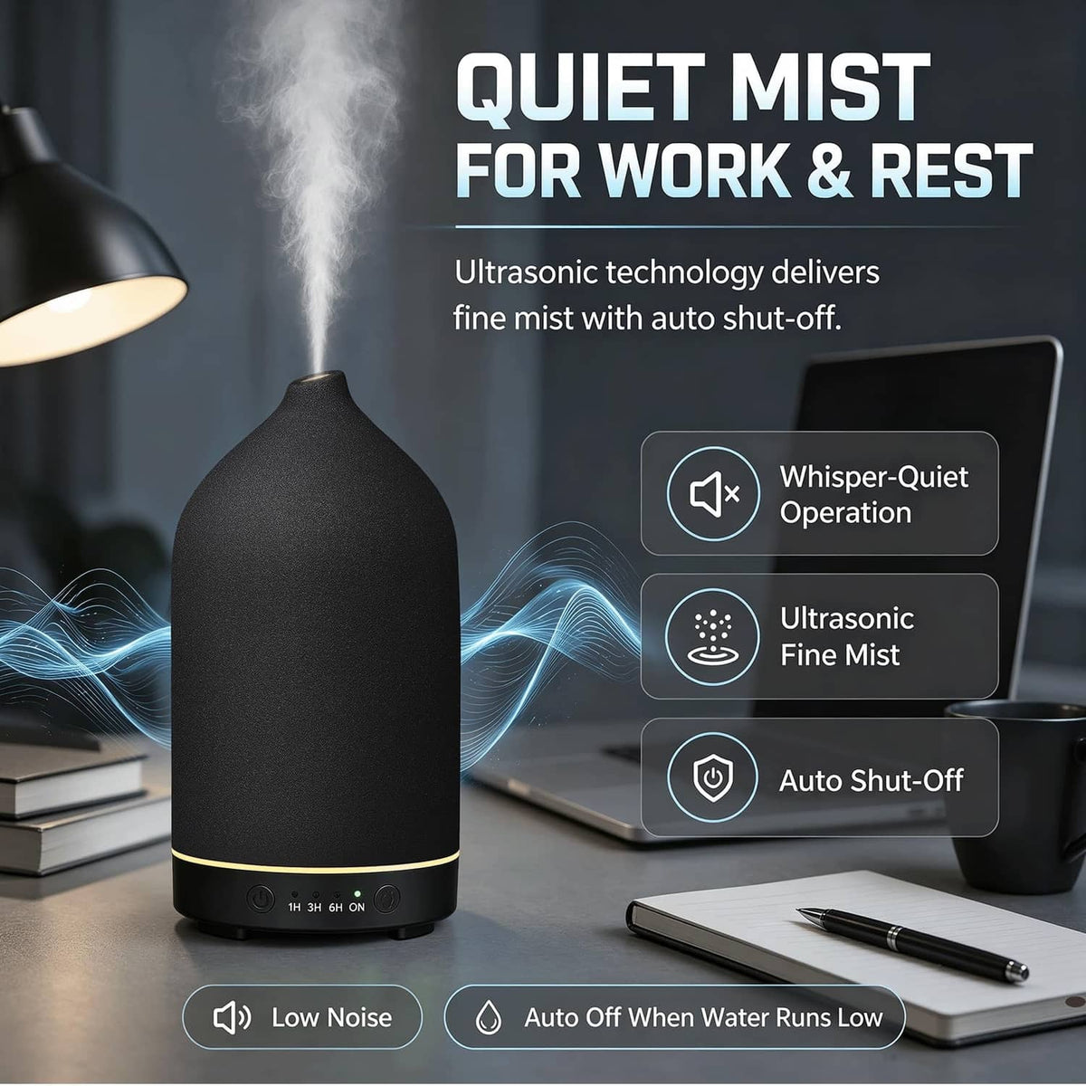 Black ultrasonic essential oil diffuser producing quiet fine mist on bedside desk