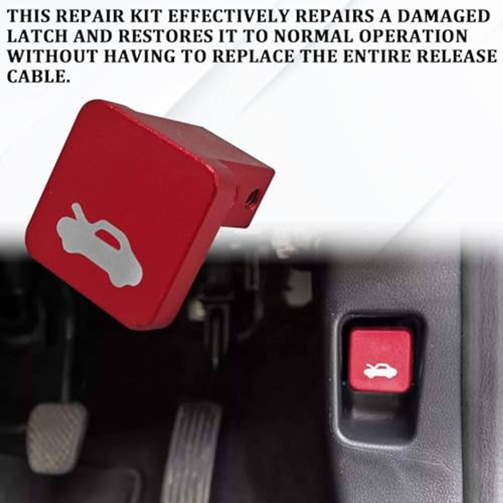 Red hood latch release handle with white wrench icon near vehicle dash switch