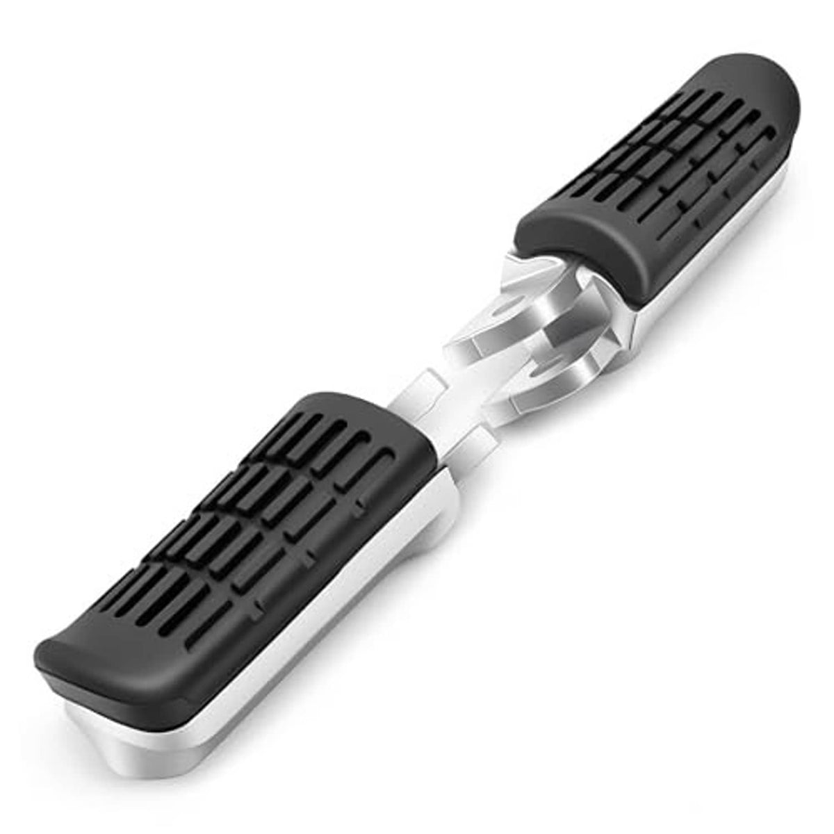 Motorcycle foot pegs with black textured pads and silver mounting arms, angled view