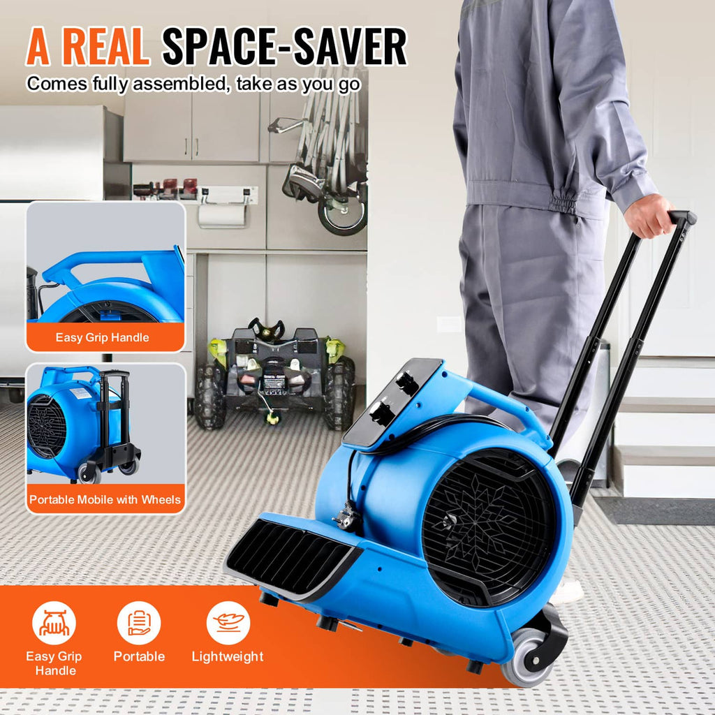Blue mobile floor blower with side handle, front fan, and large black wheel bases