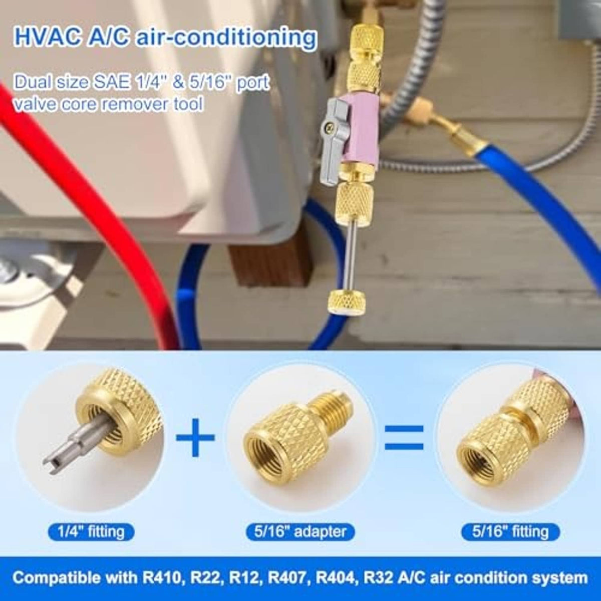 HVAC AC valve core removal tool with dual-size ports, brass fittings and pink body on unit