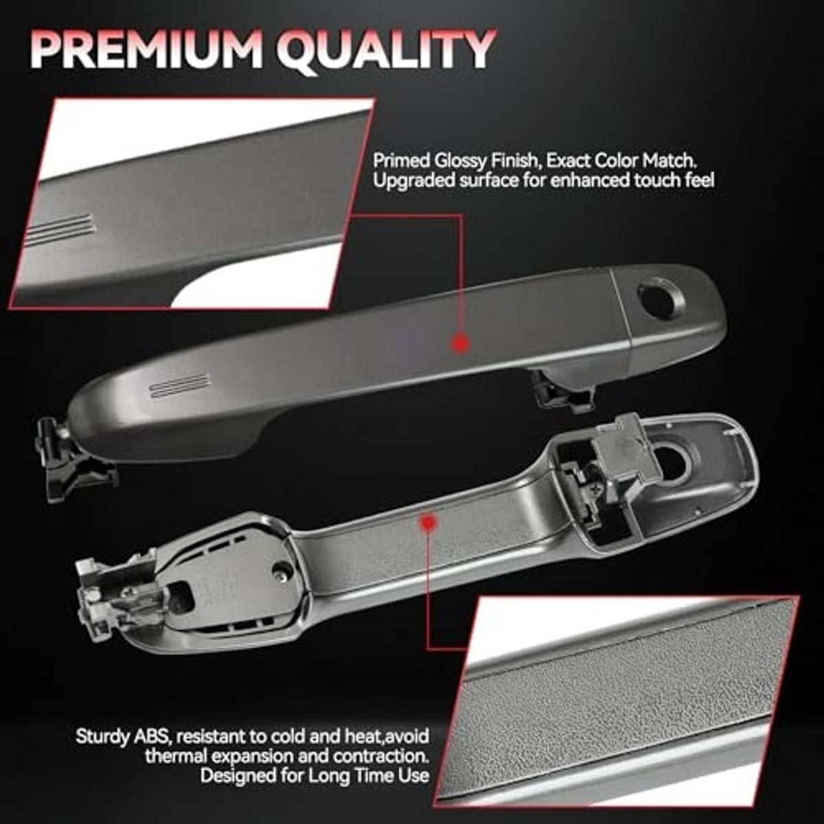 Exterior door handle assembly, silver-toned plastic with inside latch components