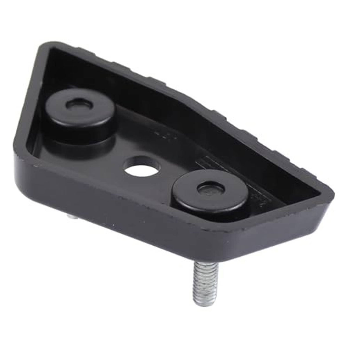 Front bumper support bracket, black plastic base with two round pads and one threaded stud