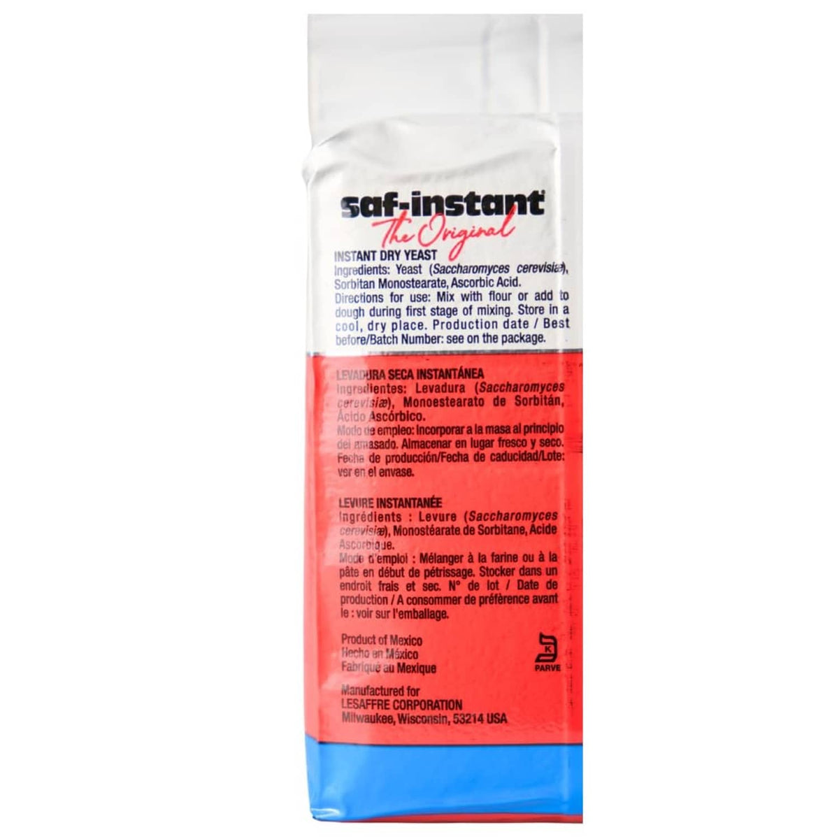 Saf instant yeast pouch with ingredients text on the back, white top and red section