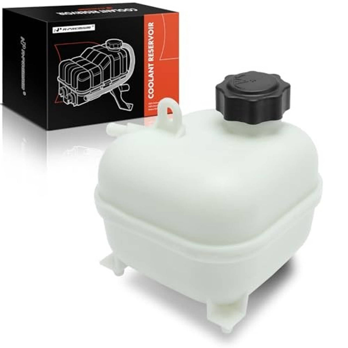 White coolant overflow recovery reservoir tank with black threaded reservoir cap