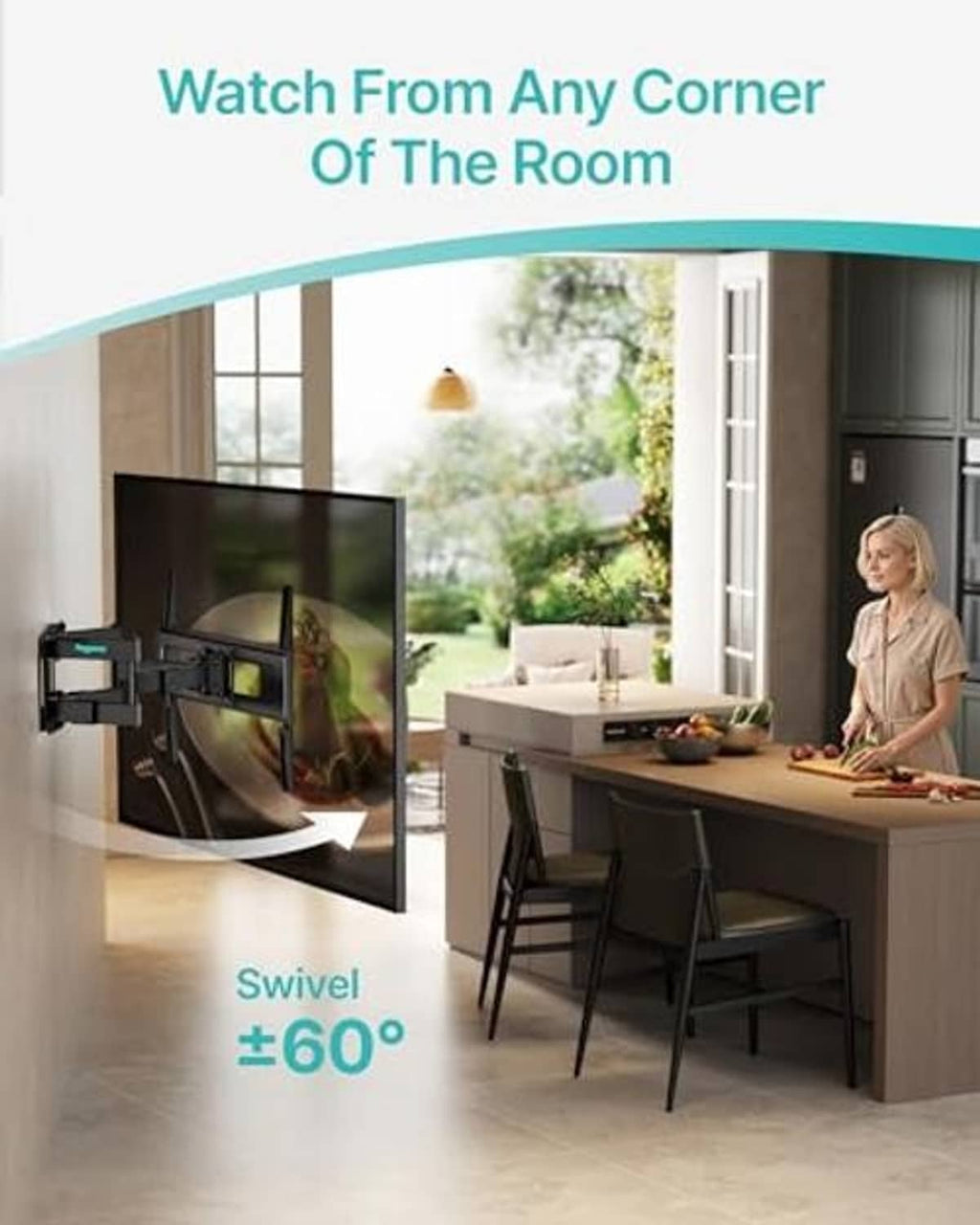 Full-motion TV wall mount with swivel arm for wide viewing angles, dark gray/black.