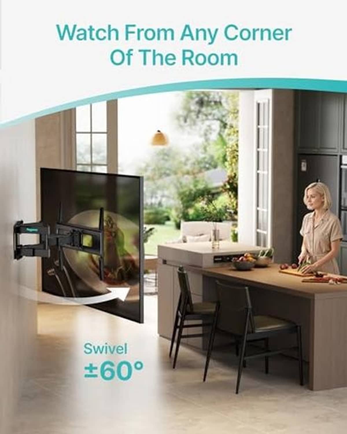 Full-motion TV wall mount with swivel arm for wide viewing angles, dark gray/black.