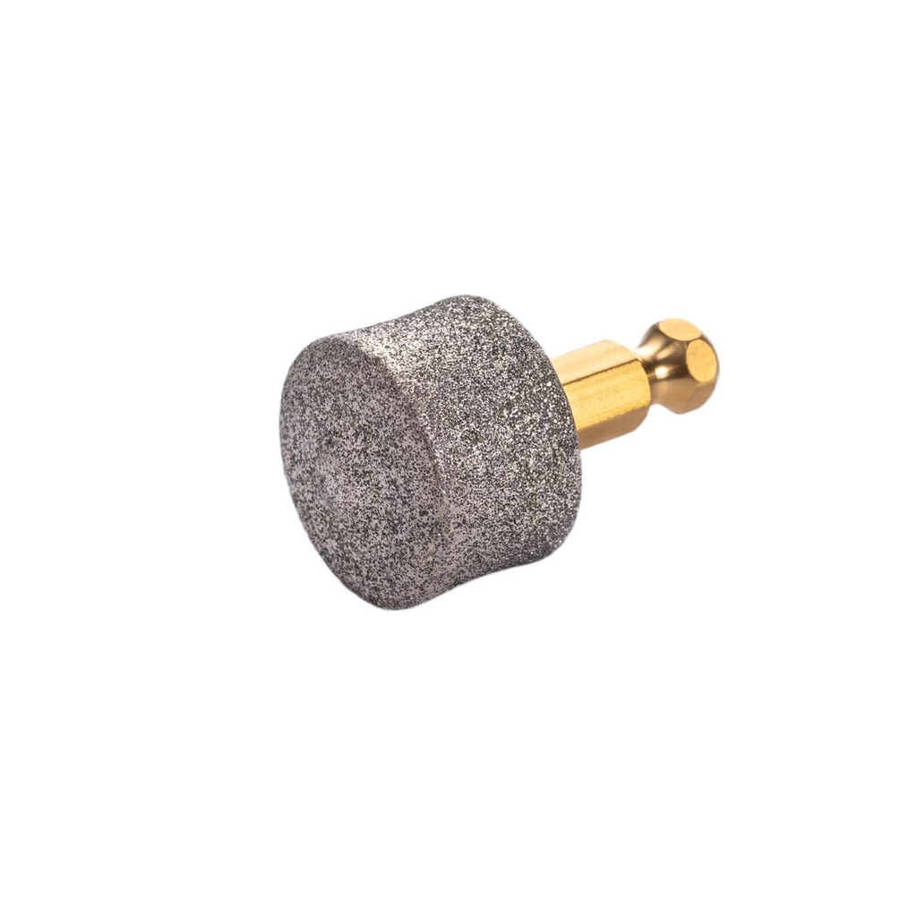 Diamond nail grinder head with gray textured pad and gold stem, side view