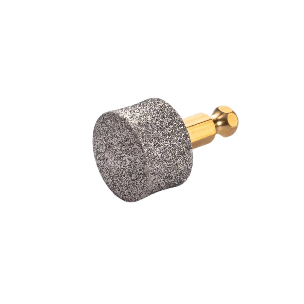 Diamond nail grinder head with gray textured pad and gold stem, side view