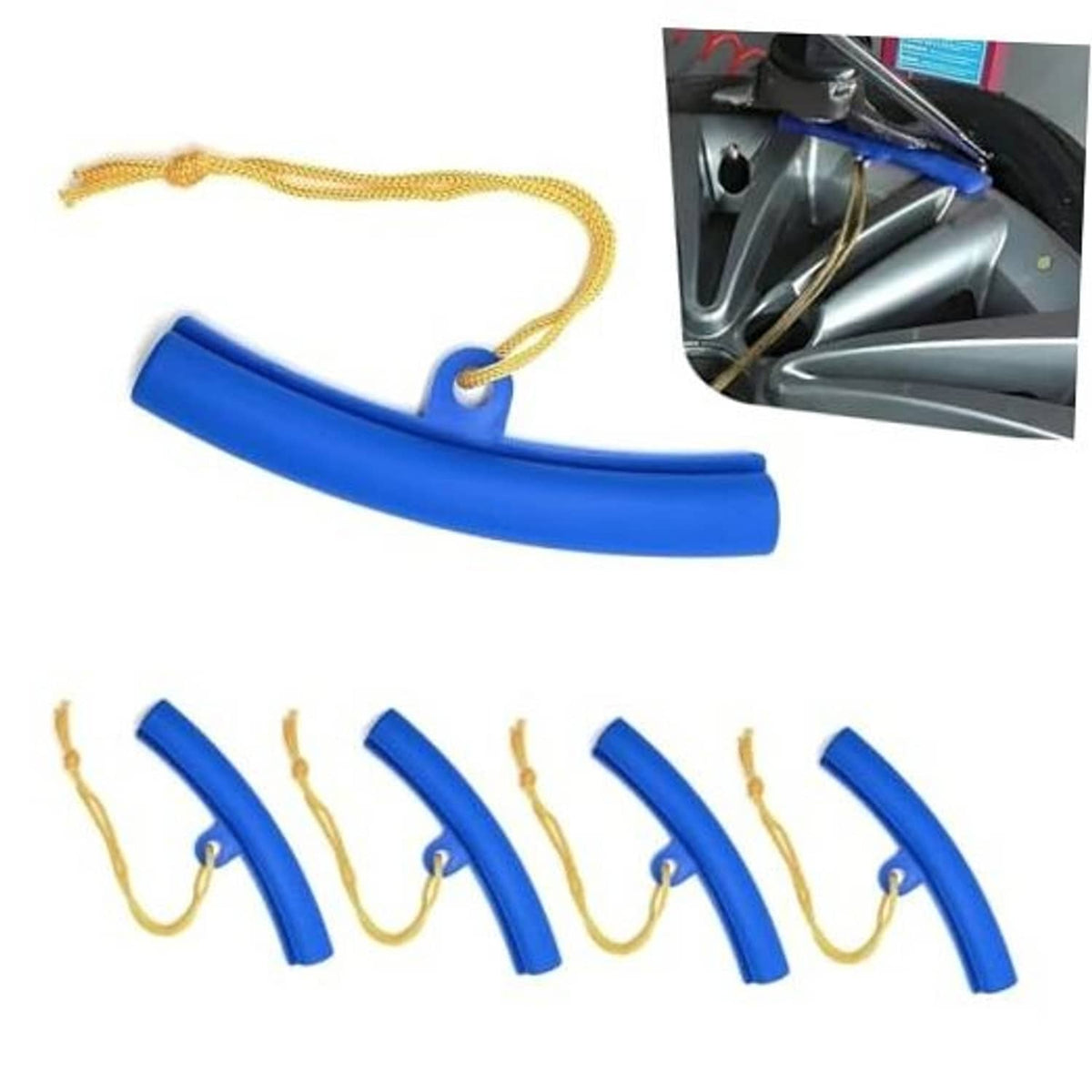 Blue arc-shaped tire rim protector sleeves with gold lanyards, 5-pack