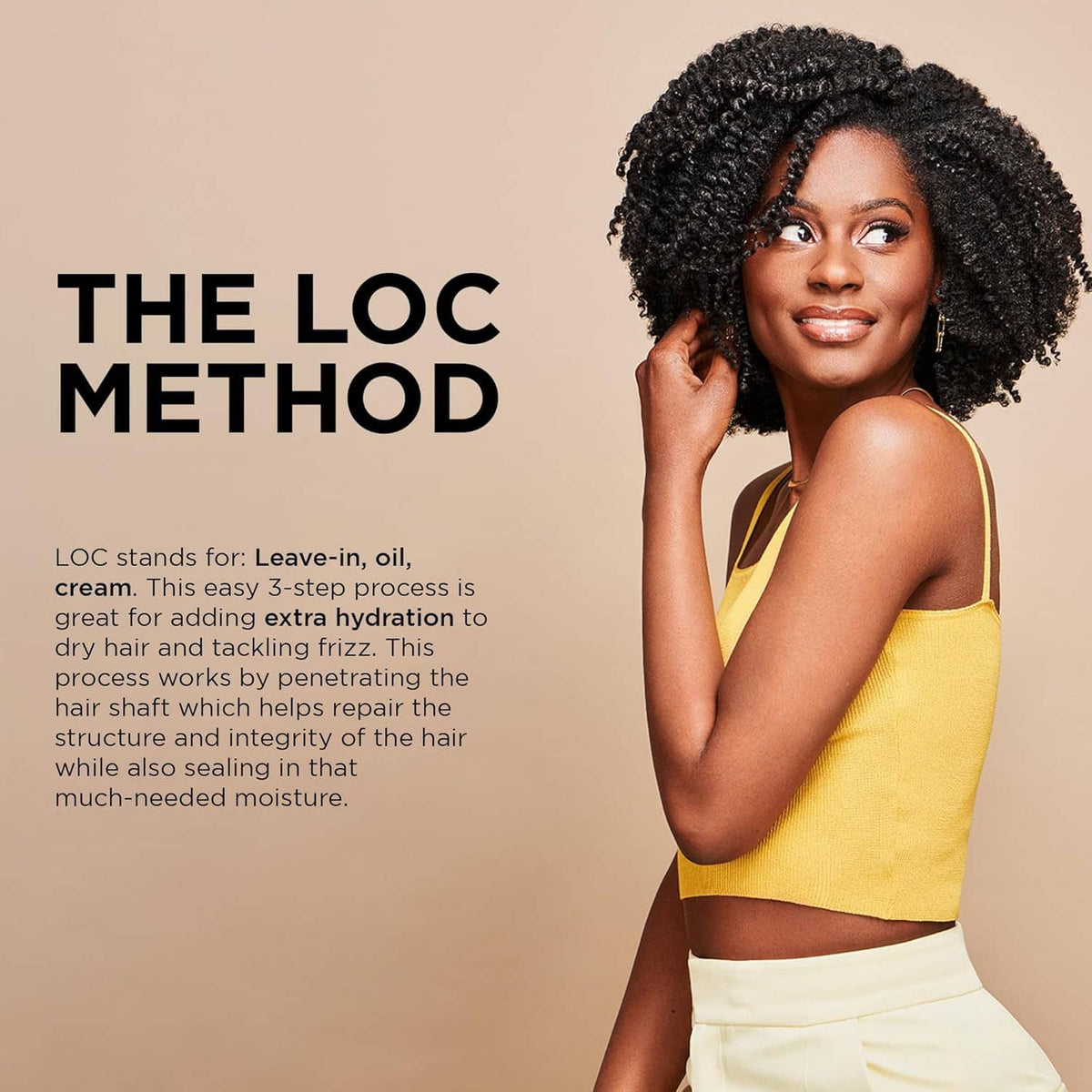 Hair oil promotional graphic featuring curly-hair model in yellow top