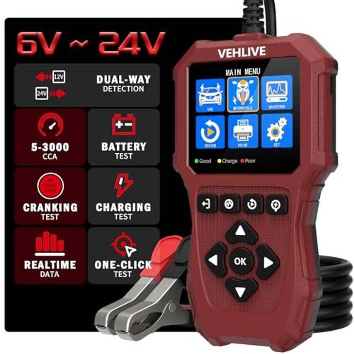 Red car battery tester with screen menu and clamp leads beside display unit
