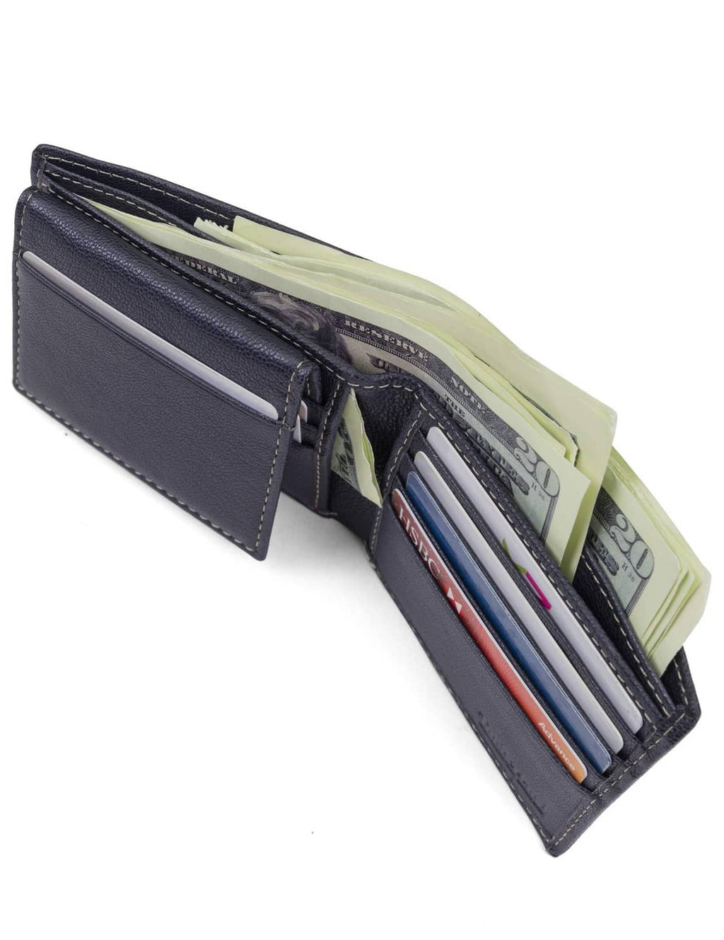 Navy leather bifold wallet open to card slots with visible cash and cards.