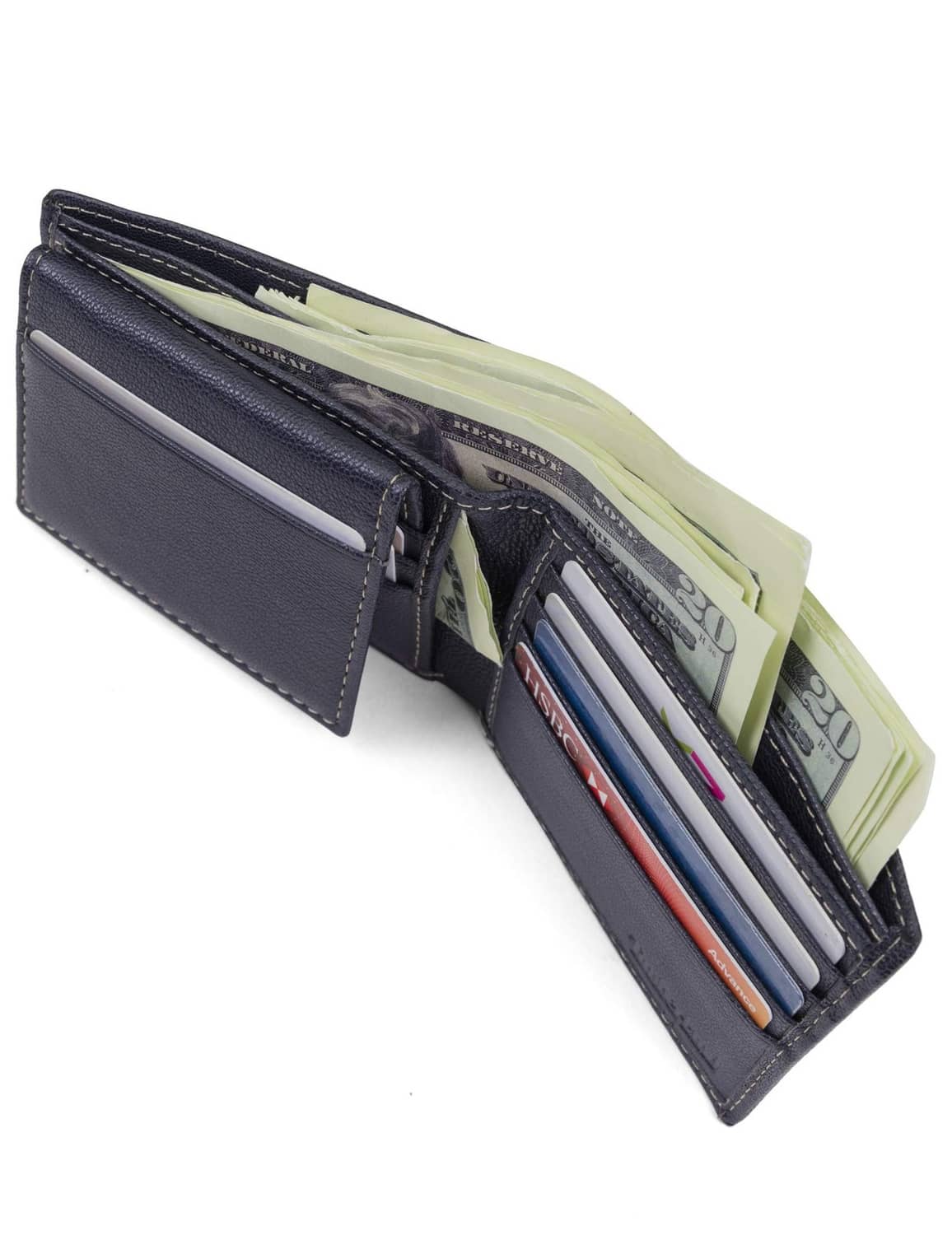 Navy leather bifold wallet open to card slots with visible cash and cards.
