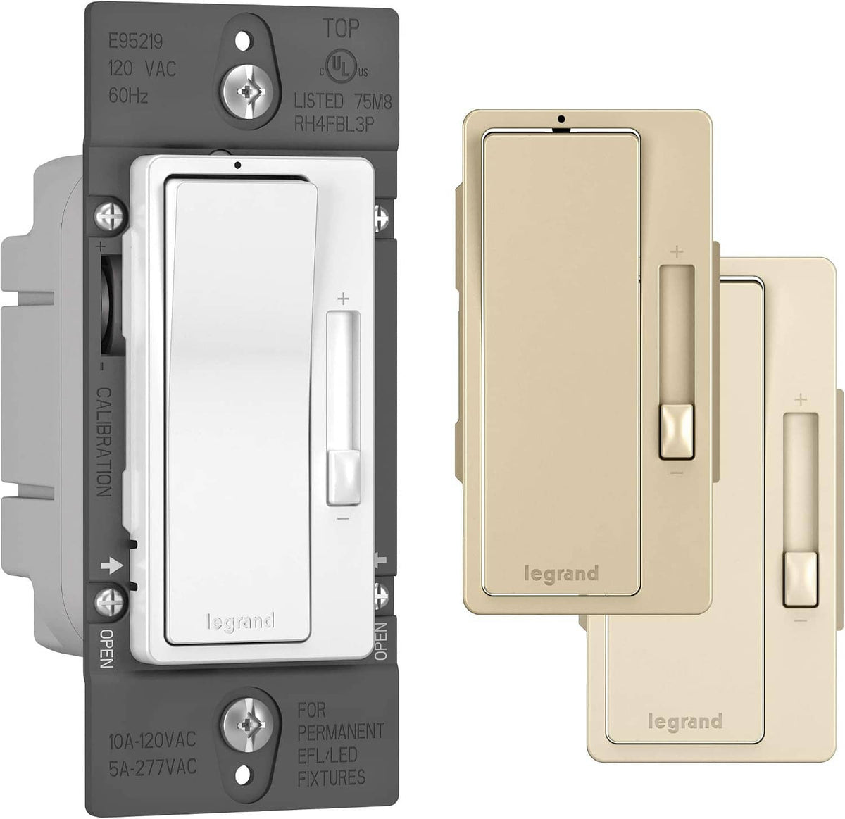Decorator rocker dimmer switch in white and beige, showing rocker control and trim