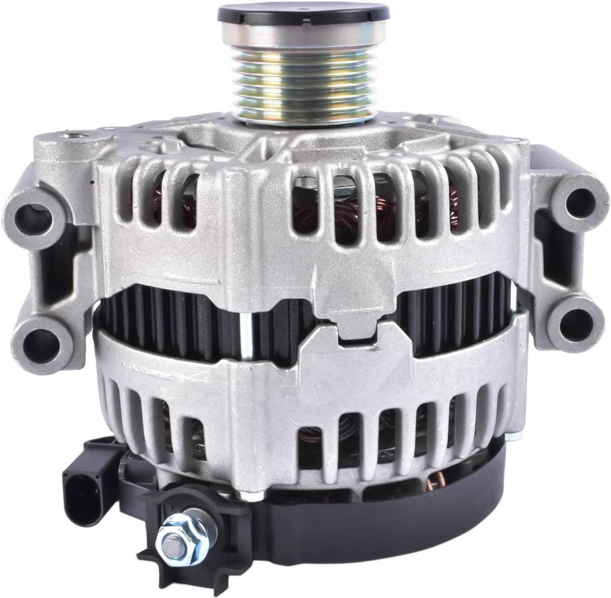 Automotive alternator with top threaded outlet and black mounting base, silver aluminum housing