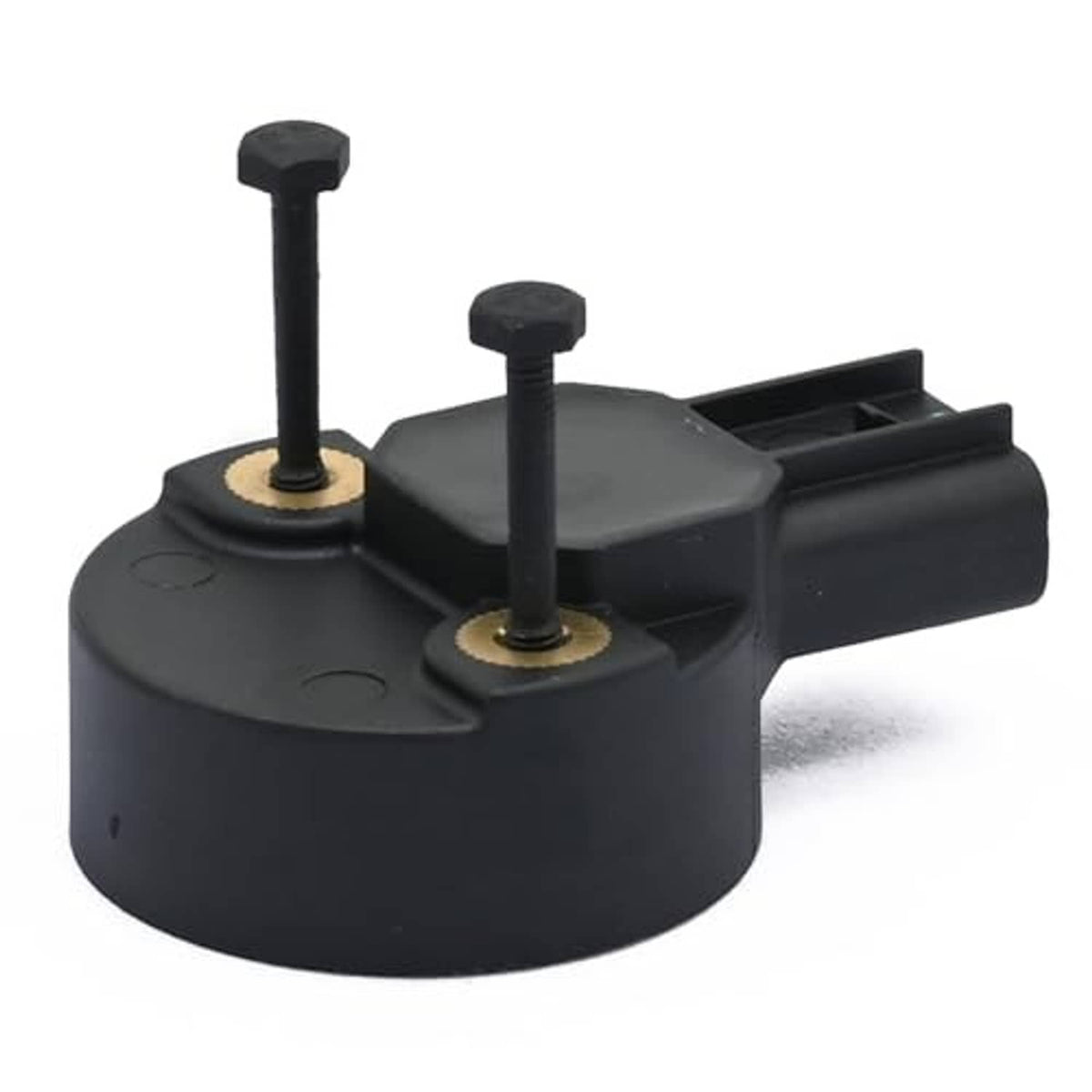 Black camshaft position sensor angled view with two mounting posts and side wiring plug
