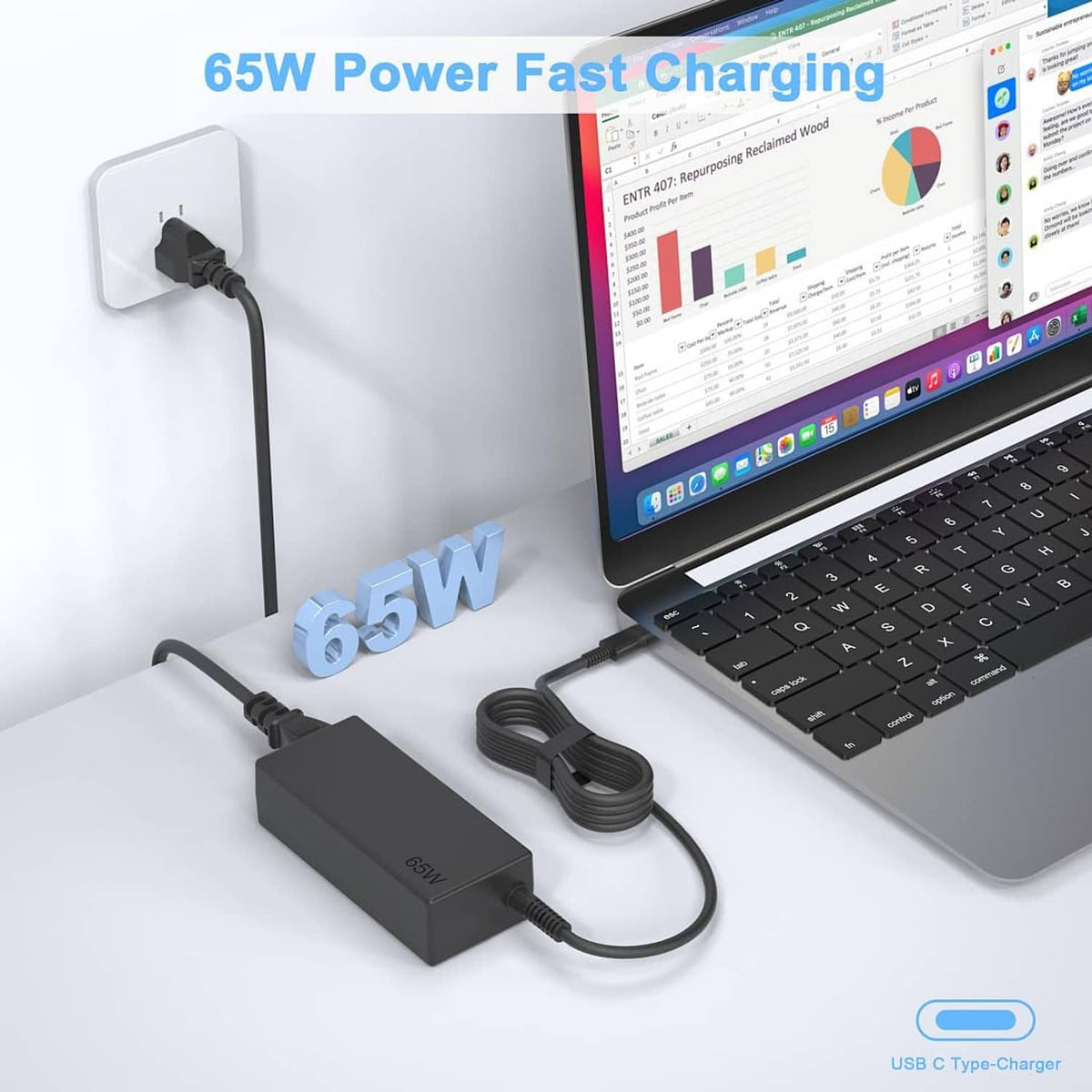Black 65W USB-C power adapter with long cable charging a laptop