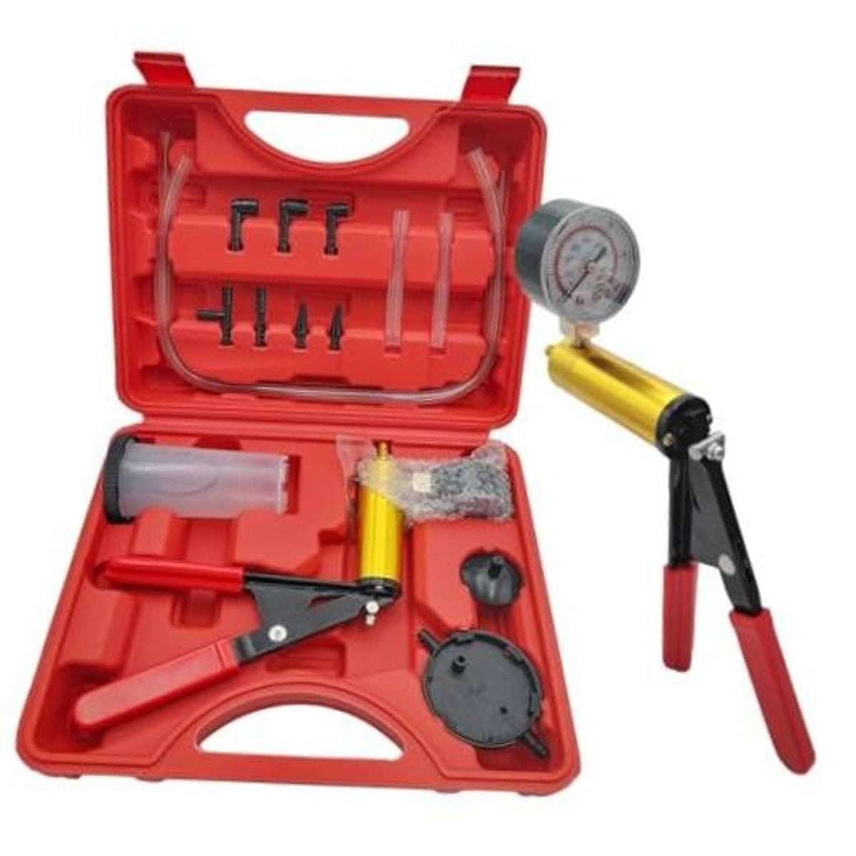 Red brake bleeder vacuum pump kit with pressure gauge and handheld trigger tool