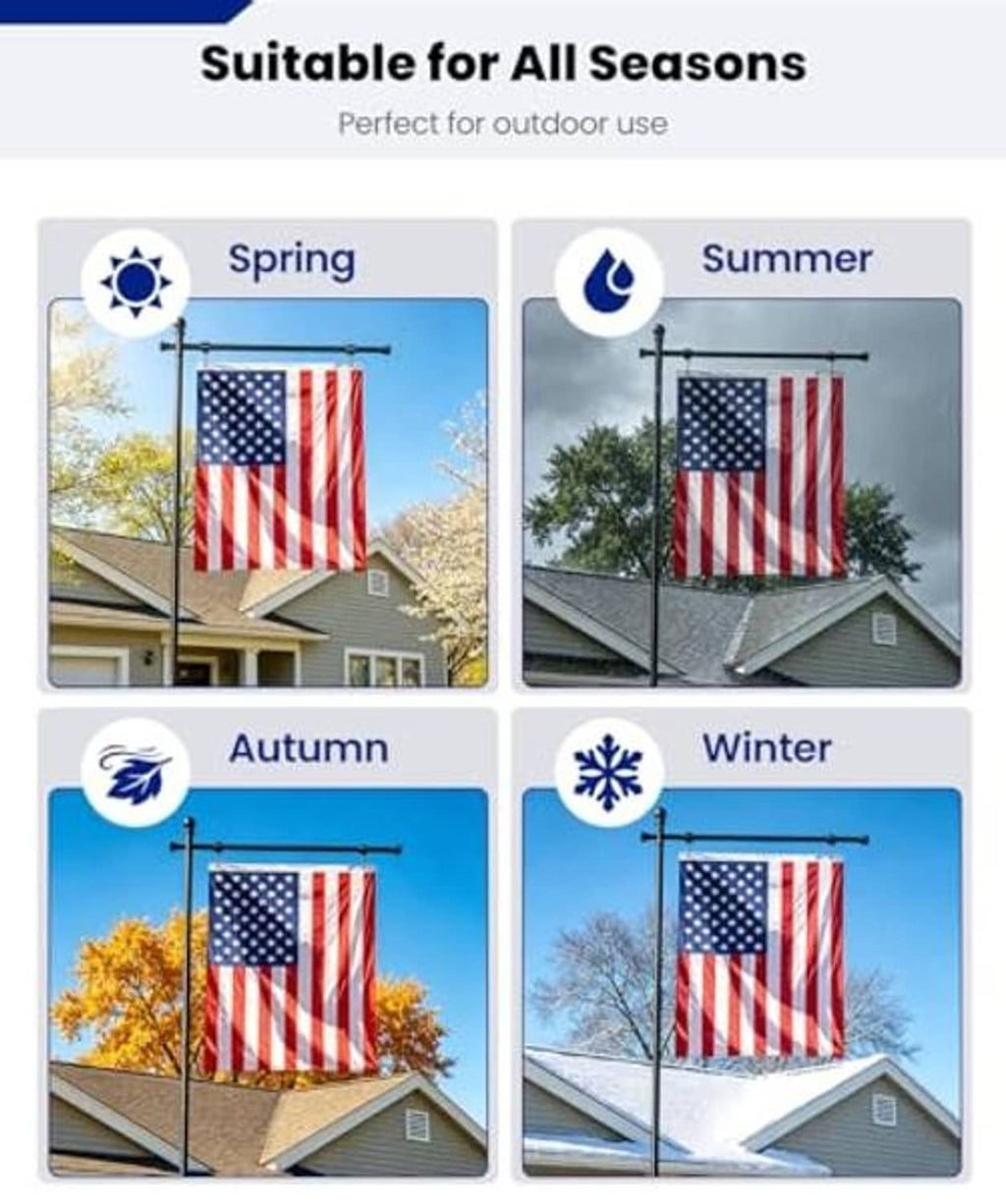 Outdoor flag pole holder for all seasons, shown with an American flag on a dark pole