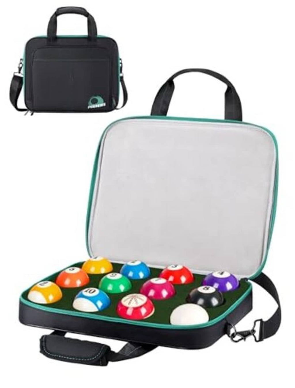 Padded billiard ball travel bag, open with 12 colorful pool balls in molded slots