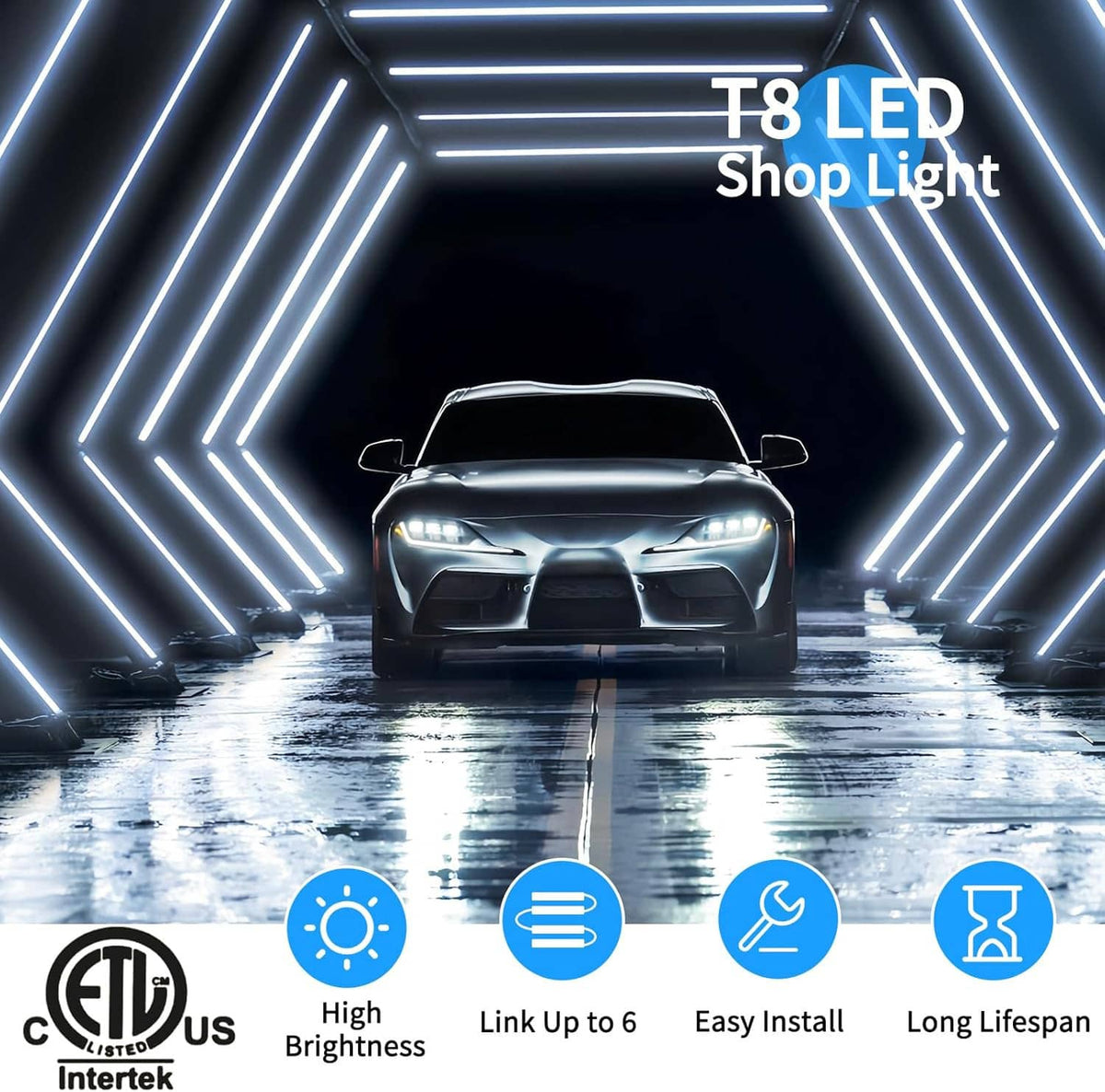 LED T8 shop light panel with white housing and bright LED rows