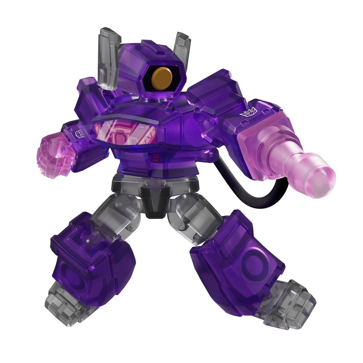 Purple translucent Transformers defender robot figure with launcher, posed