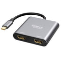 Grey USB-C to dual HDMI adapter with USB-C cable and two HDMI ports