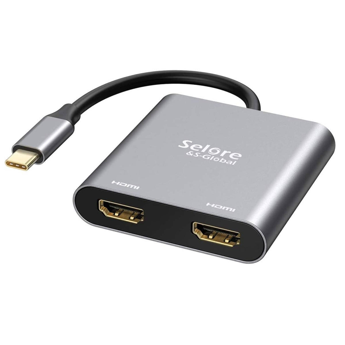 Grey USB-C to dual HDMI adapter with USB-C cable and two HDMI ports