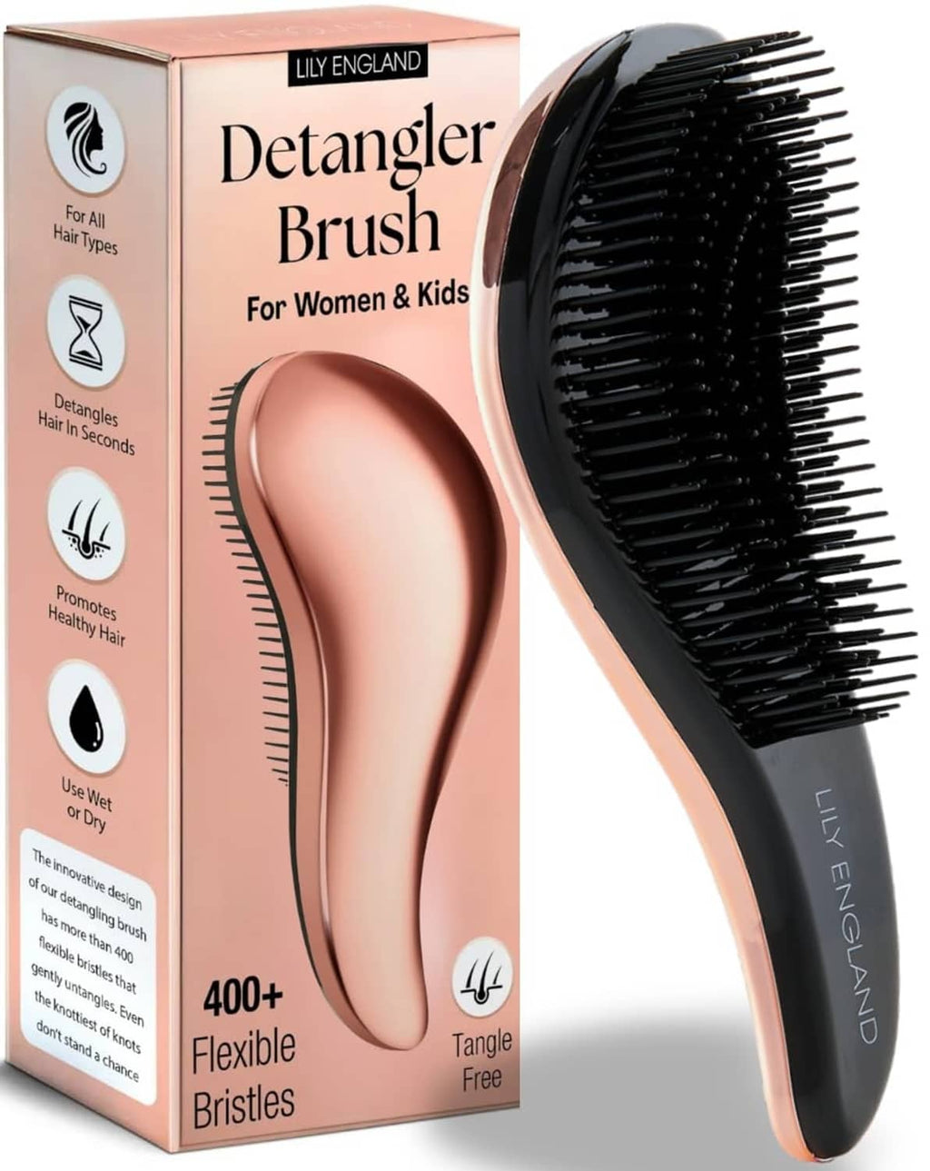 Rose gold hair detangler brush with black bristles and ergonomic paddle design.