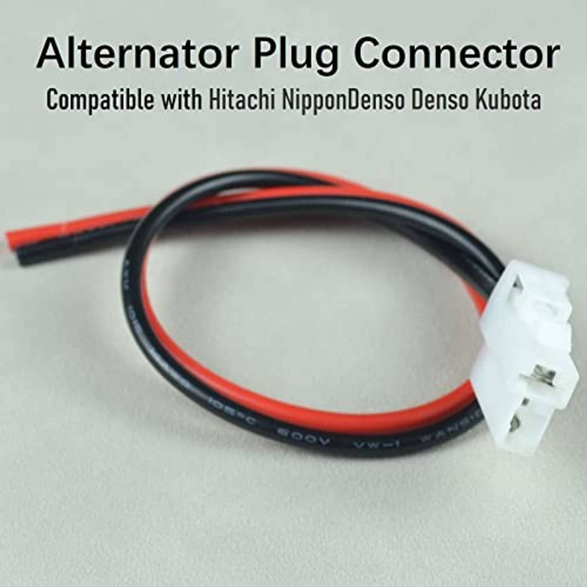 Alternator plug connector pigtail with red/black wires and white connector housing