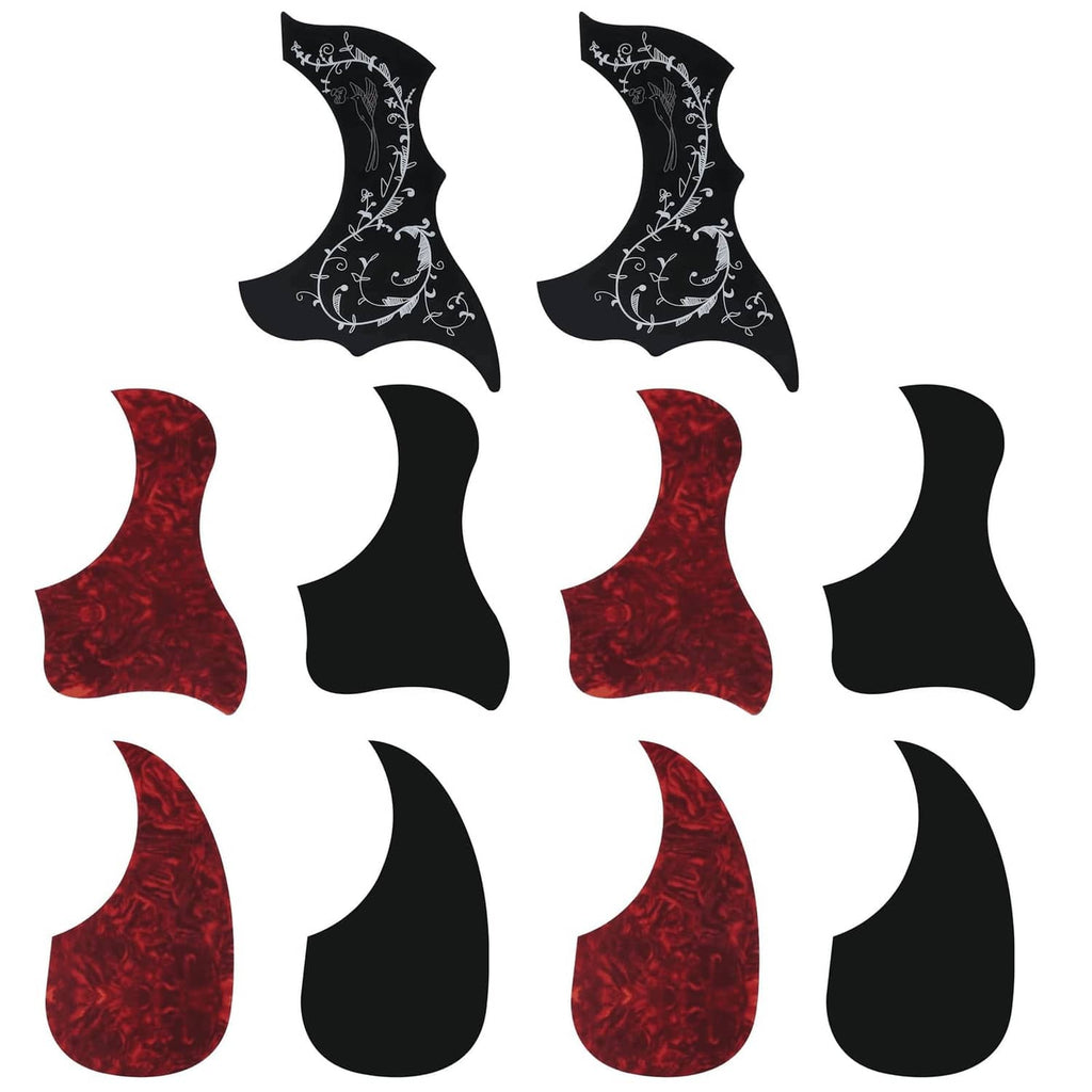 Self-adhesive acoustic guitar pickguard set, red and black shapes with white ornament