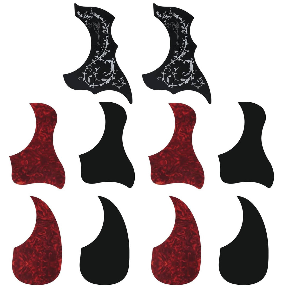 Self-adhesive acoustic guitar pickguard set, red and black shapes with white ornament