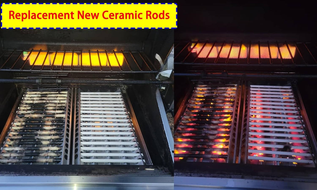 Ceramic radiant rods glowing inside gas grill burner tray