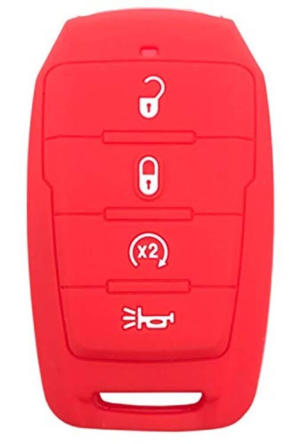 Red silicone key fob cover case with lock and key icons, x2 button indicator